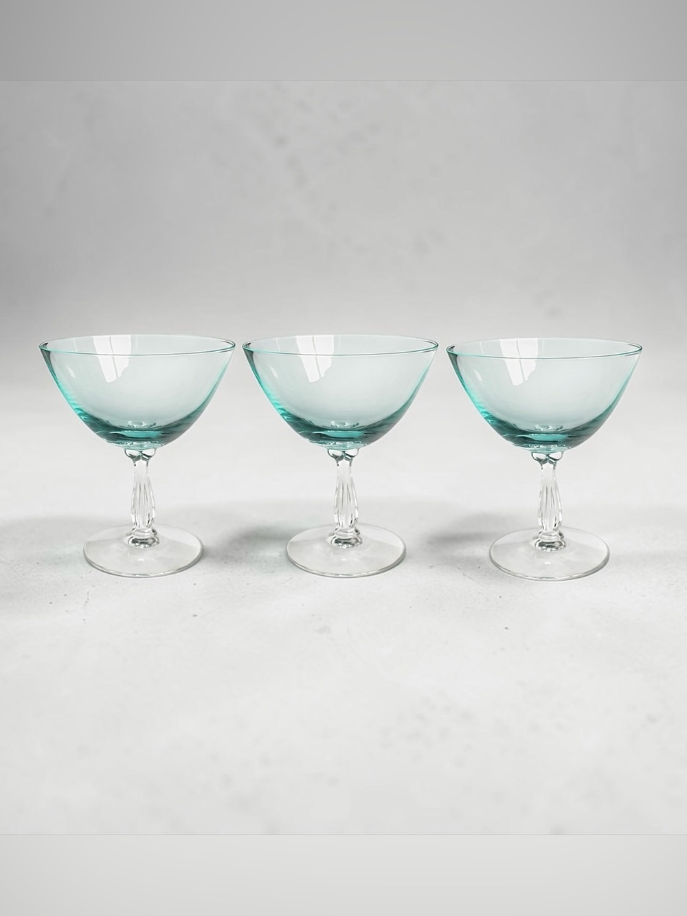 Set of 3 Vintage Fostoria Rhapsody Crystal Turquoise Champagne Coupe Glasses